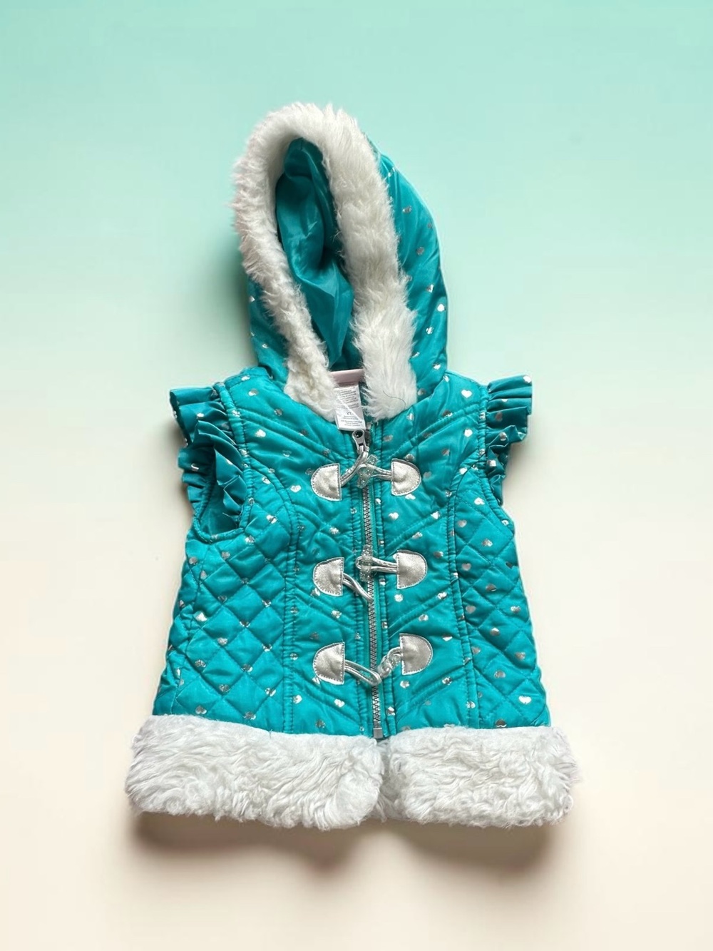 Little Lass Teal Quilted Hooded Vest with White Faux Fur Trim